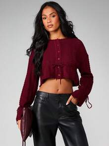 MISSGUIDED Chaqueta de punto de cable burdeos con botones delanteros y detalle de cordón, suéter de otoño e invierno para Navidad - Burdeos - Ver 1