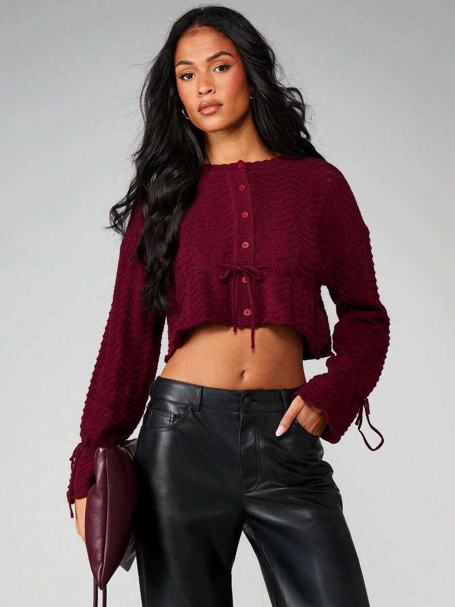 MISSGUIDED Chaqueta de punto de cable burdeos con botones delanteros y detalle de cordón, suéter de otoño e invierno para Navidad - Burdeos - Ver 1