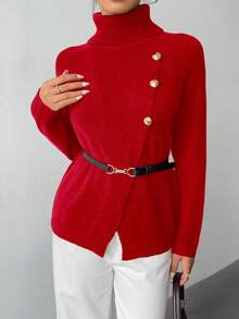 SHEIN Elenzya Elegancki sweter damski z wysokim kołnierzem i metalowymi guzikami, jednokolorowy, długi rękaw, czerwony sweter świąteczny, jesień/zima - Czerwony - Zobacz 6