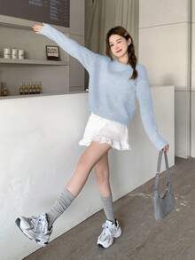 SHEIN 青少年女孩花卉圖案純色圓領秋季毛衣，3D花朵裝飾，適合冬季與萬聖節 - 藍色 - 查看 6