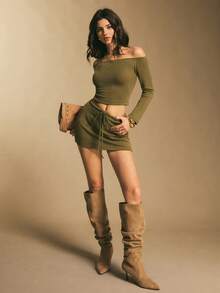 Poéselle Off Shoulder Knit Two Piece Set For Women - Y2K Long Sleeve Crop Top & Drawstring Mini Skirt, Sexy Co-Ord Fall Outfit, Going Out Party Look,Women's Fashionable Sexy Off-Shoulder Top & Pants 2 Pieces Set Sexy Skirt Set Two Piece Set Vacation Outfits Women Off The Shoulder Crop Top Short Skirt Set, Petite Two Piece Set Skirt Two Piece Set Ribbed Two Piece Set - Green - View 6