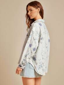 WESTFADE Floral Print Collared Button Front Long Sleeve Oversized Denim Shirt Jacket For Fall Back To School Country Concert - Dusty Purple - View 5