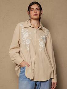 SHEIN VCAY Camisa vintage plus size com ombros caídos em cores contrastantes, manga longa e botões frontais. - Damasco - Ver 7