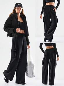 GLOWMODE 26" Cool Cargo Woven Wrinkle-Resistant Side Pockets Elastic Waistband Cargo Wide-Leg Pants  Daily Casual Wear Spring Summer - Black - View 7