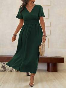 Roveilla Váy Maxi xẻ eo xếp ly cổ yếm màu trơn cỡ lớn, trang phục Giáng sinh cho nữ - màu xanh lá - Xem 5