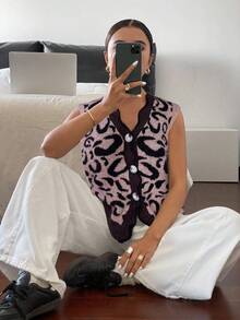Siren Gaze Women's Casual Leopard Jacquard Knit Sweater Vest In Fall/Winter - Coffee Brown - View 3