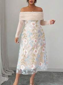 Modelyn 大码女式网纱拼接刺绣露肩长袖荷叶边连衣裙 - 杏色 - 查看 4