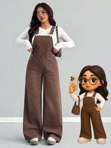 SHEIN Teen Girls Fashion Casual Y2k Vintage Brown Washed Cool Street Returns To School College Pocket Design Blue Denim Overalls For Teen Girl Clothes Teen Girls Dailywear And Teen Girl Winter And Fall Rave Outfits Festival Christmas Outfits Streetwear School Clothes,Girls Fall Winter Clothes Outfits