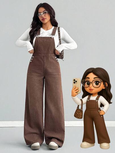 SHEIN Teen Girls Fashion Casual Y2k Vintage Brown Washed Cool Street Returns To School College Pocket Design Blue Denim Overalls For Teen Girl Clothes Teen Girls Dailywear And Teen Girl Winter And Fall Rave Outfits Festival Christmas Outfits Streetwear School Clothes,Girls Fall Winter Clothes Outfits