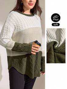 Momelise Plus Size Blogger-Inspired Colorblock Twist Rope Floral Pattern Loose Casual Crew Neck Long Sleeve Pullover Sweater, European & American Style