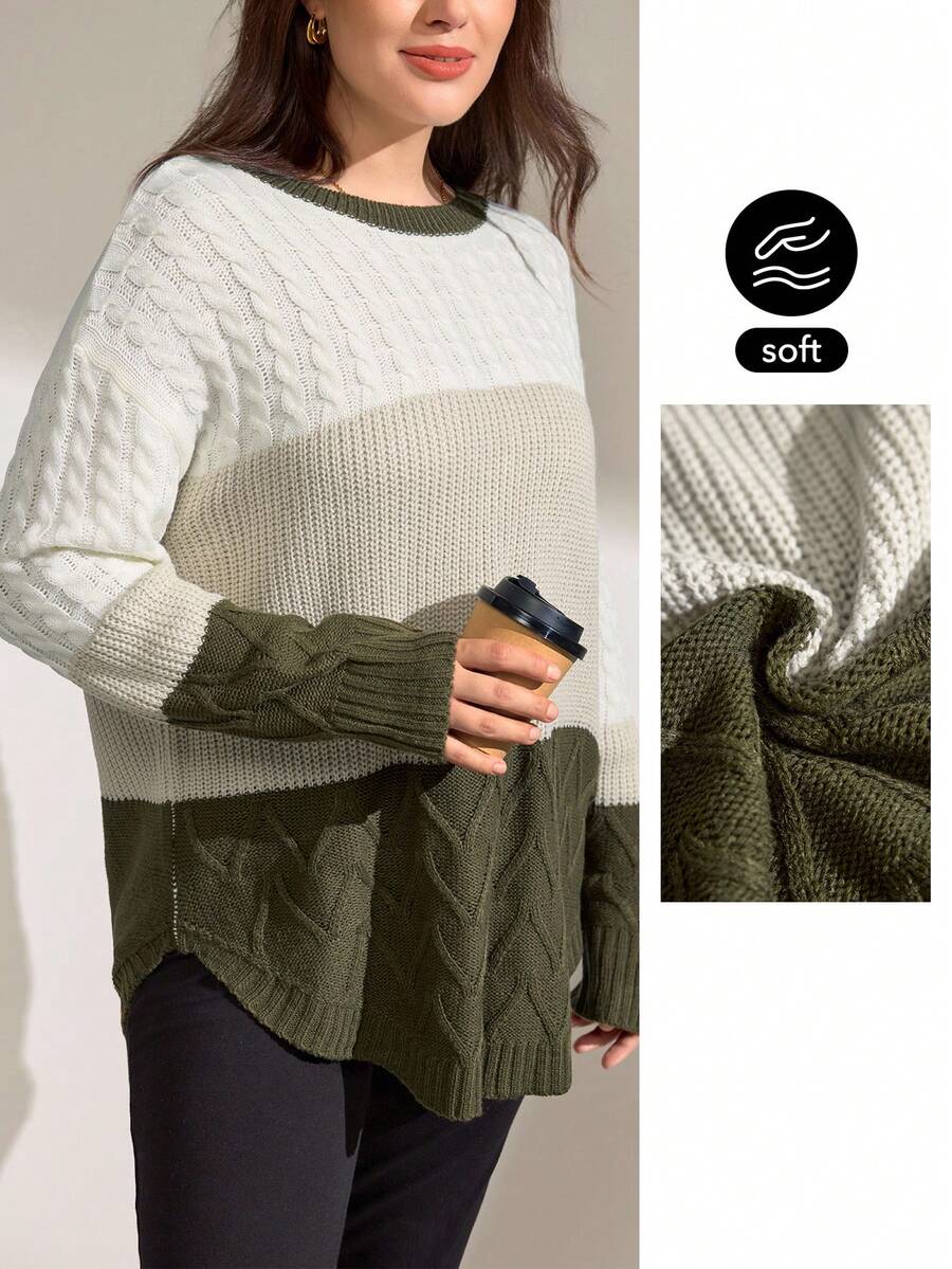 Momelise Plus Size Blogger-Inspired Colorblock Twist Rope Floral Pattern Loose Casual Crew Neck Long Sleeve Pullover Sweater, European & American Style