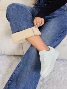 SHEIN Tall 秋冬季女士带口袋阔腿宽松休闲保暖牛仔裤，外出保暖卡其色保暖内衬破洞低腰直筒蓝色牛仔裤 - 深色水洗藍 - 查看 6