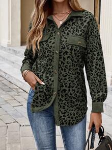 EMERY ROSE Plus Size Women Leopard Print Patchwork Shirt Style Jacket, Autumn/Winter - Army Green - View 8