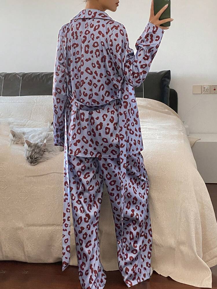 Charming Leopard Print Satin Robe & Pants Set, Women Sleepwear, Fall & Winter Clothes