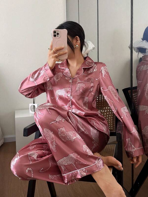 Dream Adore Women's Leopard Print Faux Silk Lapel Cardigan And Pants Pajama Set