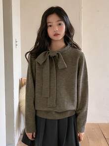 DAZY 少女撞色高领毛衣，带蝴蝶结 - 灰色 - 查看 3