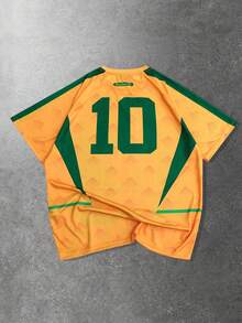 ROMWE MEN Prep 男士插肩袖圆领休闲创意人像图案百搭夏季足球印花短袖T恤 - 黃色 - 查看 2