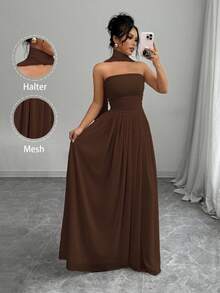 Elenzga 1件女士纯色吊带连衣裙，带褶皱细节，优雅无袖长款连衣裙，女士套装 - 咖啡棕 - 查看 5