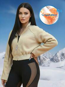 Innovista Y-Warm High-Tech Stoff Damen butterweich Fleece Patchwork Frontverschluss Langarm Lässig Sport Trainingsanzug Pullover T-Shirt, warme Sweatshirts, Bergsteigen und Sport, Skijacken, tägliches athletisches HIIT Training Komfort Bewegung Herbst Neuer Stil Damen Cut-Out Design, Utilitaristische Eleganz - Khaki - Übersicht 3