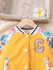 SHEIN Bộ 2 áo khoác và quần dài cổ bóng chày in họa tiết hoa tay raglan cho bé gái trang phục thường ngày - Màu vàng - Xem 5