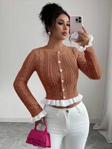 Elenzga Áo khoác cardigan ngắn cổ tròn xếp nếp dệt kim ôm sát mùa thu mới cho nữ, thiết kế nút kim loại, ngọt ngào cho ngày lễ tình nhân, đa năng - Rỉ Nâu - Xem 4