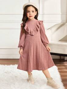 少女领口荷叶边下摆长袖A字连衣裙 - 藕粉色 - 查看 5