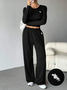 SHEIN Tall 2pcs Black Fitted Embroidered Knit Homewear Set For Women, Summer - Black - View 7