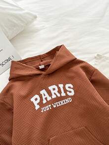 Sudadera con capucha, bolsillo, textura jacquard, rayas, gráfico vintage de París y estilo callejero para niñas preadolescentes - Marrón - Ver 9