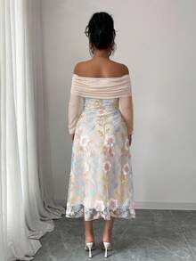 Modelyn 大码女式网纱拼接刺绣露肩长袖荷叶边连衣裙 - 杏色 - 查看 3