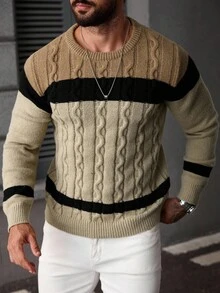 Manfinity Mode 男士扭纹针织撞色圆领休闲套头衫 - 黑色 - 查看 5