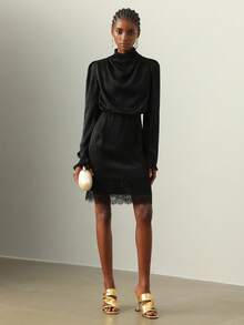 Vesra Vestido de manga larga con cuello drapeado, elegante y versátil, para otoño/invierno, con aplicaciones de encaje, adecuado para múltiples ocasiones