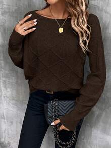 LanaWest 女士休闲日常通勤简约百搭纯色纹理针织宽松毛衣，秋冬 - 咖啡棕 - 查看 7