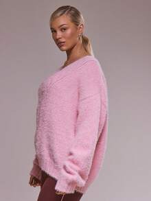 MUSERA Puszysty dzianinowy kardigan z dekoltem w serek, zimowy, uroczy, swobodny, przytulny - Różowy - Zobacz 3