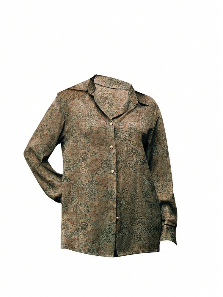 Anewsta Elegant Casual Leopard & Paisley Print Long Sleeve Shirt Spring For Women