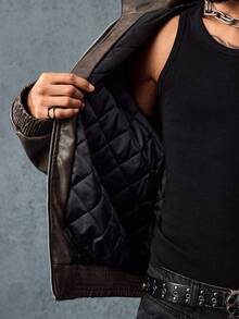 ROMWE MEN Street Life 纯色立领插肩袖休闲拉链立领仿皮夹克 - 棕色 - 查看 8