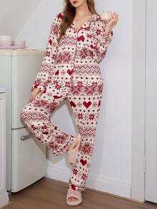 SweetSlumber Contrast Color Fair Isle Heart Print Lapel Long Sleeve Women Pajama Set - Multicolor - View 4