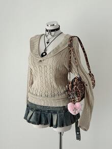 大码休闲纯色镂空针织毛衣 - 杏色 - 查看 4