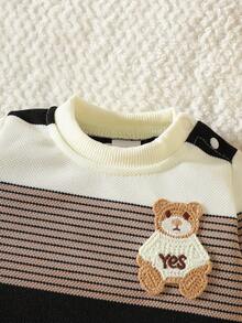 SHEIN Autumn New Arrival Newborn Baby Striped Contrast Color Top, Cute Bear Embroidery Soft & Comfy Shoulder Button Casual Baby Clothes - Khaki - View 4