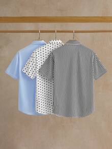 Manfinity NXTstreet 3 件套年轻男士休闲宽松梭织短袖白黑蓝衬衫，日常穿着多件装 - 彩色 - 查看 2