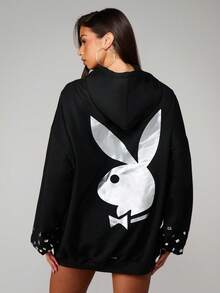 Missguided x Playboy Oversized Hooded Mini Dress With Encrusted Detailing Bunny Logo Print Drawstring Hood - Black - View 2