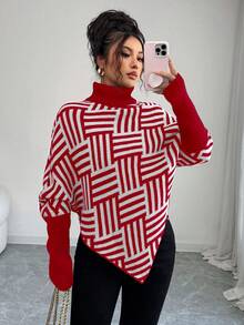 Elenzga Áo len Poncho cổ cao họa tiết hình học thanh lịch dành cho nữ, phối màu, thích hợp mặc ở nhà và đi du lịch, mùa xuân/thu - Đỏ - Xem 4