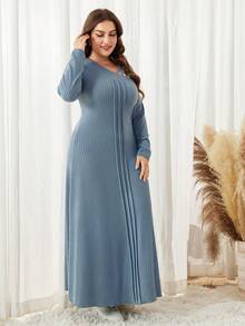 Lacomfia Gaun Kasual Maxi Rajut Jacquard Warna Polos Lengan Panjang Ukuran Besar - Dusty Blue - View 6
