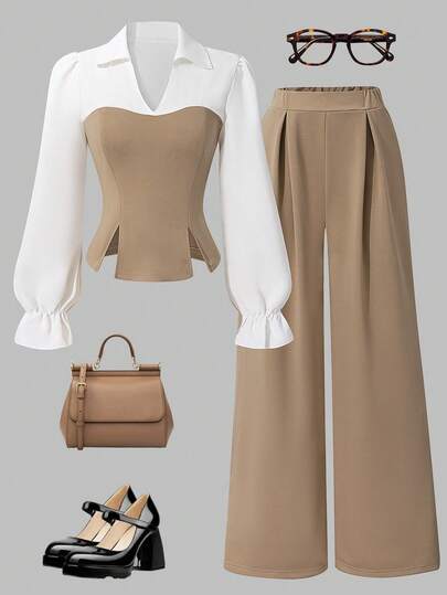 SHEIN Sparklyn 少女撞色长袖灯笼袖V领开衩衬衫及配套套装