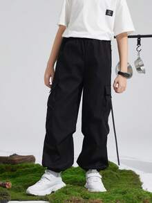 SHEIN 青少年男孩宽松纯色抽绳腰运动裤 - 黑色 - 查看 6