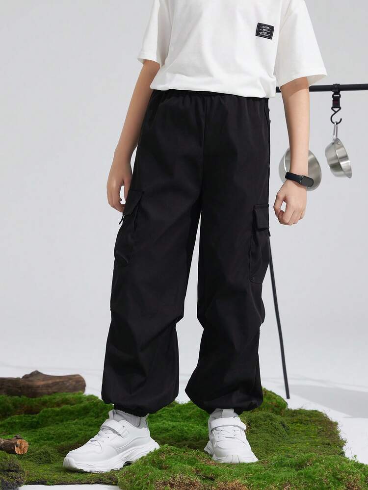 SHEIN 青少年男孩宽松纯色抽绳腰运动裤 - 黑色 - 查看 6