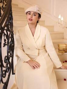 SHEIN MOD Plus Size Women's Apricot Blazer And Dress Set, Elegant Office Outfit. Outfit.Elegant Party, Date, And  Outfits.Elegant Office Attire