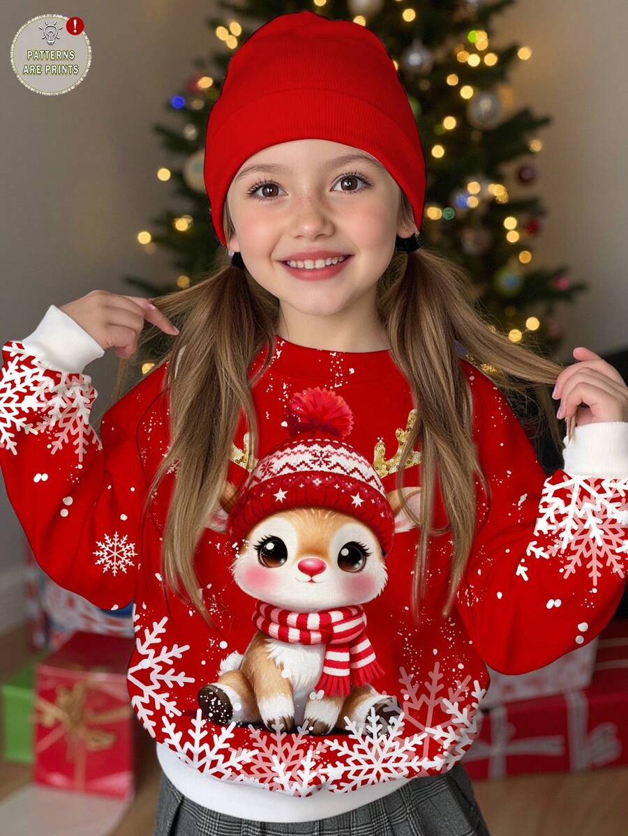 Tween Girl Red Autumn Cute Graphic Christmas Reindeer Snowflake Pattern Sweatshirt,Loose Fit Crew Neck Long Sleeve Birthday Festive Casual Top - Multicolor - View 1