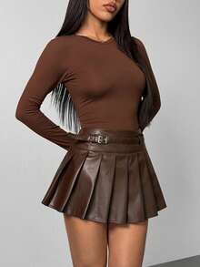 SHEIN PETITE 女士秋冬巧克力棕色纯色搭扣褶皱PU皮裙，皮革褶皱裙，伞裙，秋季女装，冬季女装，万圣节服装，商务休闲女装，复古风格女装 - 棕色 - 查看 6