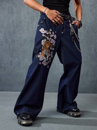 Street Life Jeans de moda con bordado de tigre para hombre