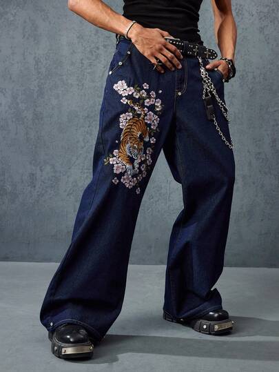 Street Life Jeans mode avec broderie de tigre pour hommes